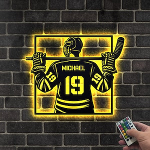 Panneau hockey personnalisé en métal avec lumières LED, nom de joueur de hockey personnalisé, décoration murale hockey, art mural en métal hockey, panneau hockey sur glace