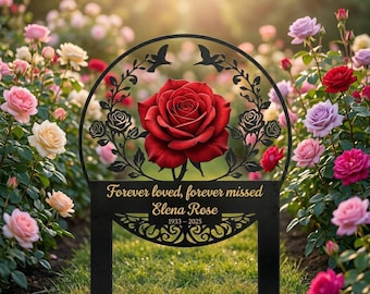 Rose Memorial Garden Stake, Custom Metal Remembrance Sign, Forever Loved Forever Missed