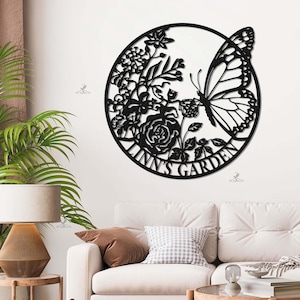 Personalized Butterfly & Rose Garden Metal Sign , Custom Garden Floral and Butterfly , Butterfly Garden Name Sign , Garden Patio Wall Decor