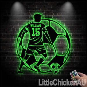 Personalized Man Soccer Metal Wall Art LED Lights | Custom Football Player Lover Sign |Home Decor Kid Boy Girl Nursery Decoration | Birthday