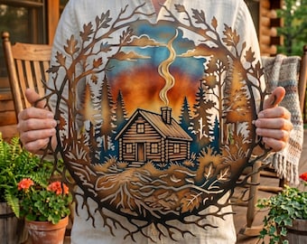Log Cabin Metal Sign, Forest Landscape Wall Art, Rustic Mountain Home Decor, Pine Tree Lake House Sign
