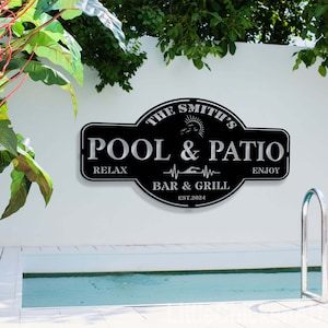 Custom Pool & Patio Sign, Swimming Pool Decor, Metal Sign, Personalized Pool Sign, Backyard Pool Decor, Family Name Sign Modern Farmhouse