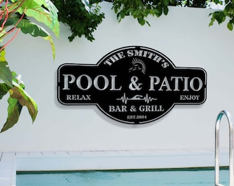 Letrero personalizado para piscina y patio, decoración para piscina, letrero de metal, letrero personalizado para piscina, decoración para piscina de jardín, letrero con nombre familiar estilo granja moderna