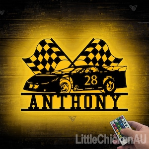 Personalized Racing Car Metal Sign with LED lights, Custom Race Car Sign, Sports Sign, Racing Car Metal Wall Art, Gift for Him, Garage sign