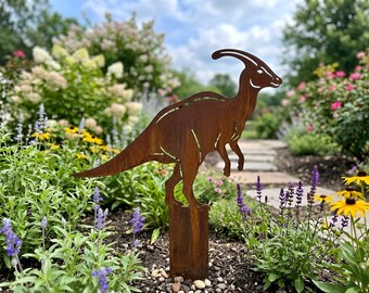Parasaurolophus Dinosaur Garden Stake, Rusty Metal Yard Art, Weathered Jurassic Garden Decor