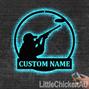 Trap Shooting Metal Wall Art LED Light Custom Personalized Shotgun Name Sign Home Decor Skeet Shooting Decoration Shooter Birthday Man Cave