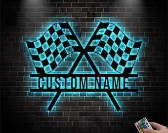 Personalized Start Finish Racing Flag Metal Wall Art LED Lights, Custom Race Checkered Flag Name Sign Home Decor, Checker Topper Decoration