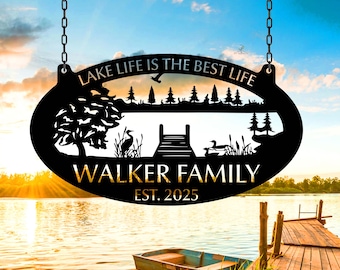 Cartello in metallo personalizzato con scritta "Lake Dock", decorazione personalizzata per casa sul lago, cartello con nome di famiglia, cartello per esterni sul lago, cartello sul lago, decorazione da parete per baita, cartello per molo