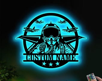 Personalized Fighter Jet Pilot Metal Wall Art LED Lights Custom Aircraft Air Force Name Sign Home Decor Military Plane Decoration Birthday