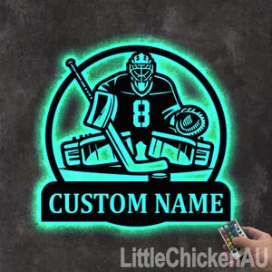 Personalized Hockey Goalie Metal Wall Art With LED Light, Custom Hockey Goalie Name Sign Decoration For Room, Hockey Goalie Metal Home Decor