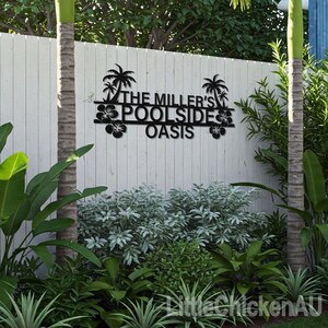 Personalized Family Pool Sign,Customizable Pool Name Sign,Tropical Poolside Metal Art,Outdoor Wall Decor,Pool Signs for Outdoor Personalized