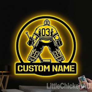 Personalized Hockey Goalie Metal Wall Art With LED Light, Custom Hockey Goalie Name Sign Decoration For Room, Hockey Goalie Metal Home Decor