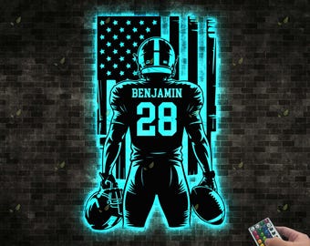 Targa con nome di giocatore di football con luce a LED, targa personalizzata con nome di giocatore di football, regalo per gli amanti dei giocatori di football, targa di football, regalo di compleanno, football americano