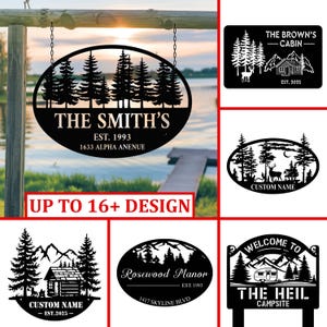 May include: Black metal sign with an oval shape, featuring a forest silhouette and the text "THE SMITH'S" above "EST. 1993" and address. The sign hangs from chains. Additional designs are shown.