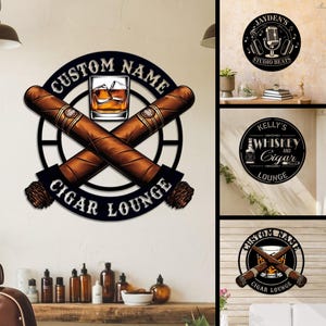 Personalized Cigar Lounge Metal Sign, Custom Man Cave Bar Decor,  Whiskey & Cigar Wall Art Gift for Him,Dad,Home Bar Decor,Cigar Lounge Sign