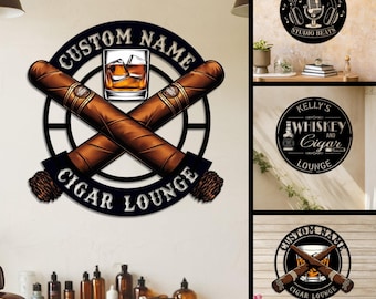 Personalisierte Zigarrenlounge Metallschild, benutzerdefinierte Mannhöhlenbardekor, Whisky- und Zigarrenwandkunstgeschenk für ihn, Papa, Hausbardekor, Zigarrenloungezeichen