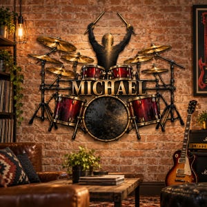 Op de afbeelding: Een metalen wanddecoratie met het silhouet van een drummer met opgeheven drumstokken, een drumstel met rode en gouden trommels, en de naam MICHAEL in gouden letters in het midden. Het ontwerp bevat diverse bekkens en standaards.