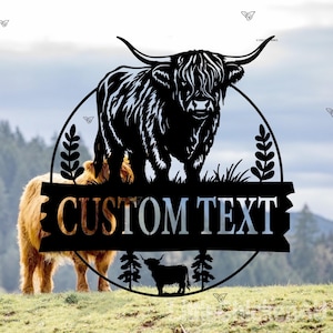Personalized Highland Cow Metal Sign, Highland Cow Metal Wall Art,Custom Highland Cow Farm Welcome Sign,Farmhouse Decor,Cow Door Hanger Sign