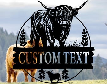 Personalized Highland Cow Metal Sign, Highland Cow Metal Wall Art,Custom Highland Cow Farm Welcome Sign,Farmhouse Decor,Cow Door Hanger Sign