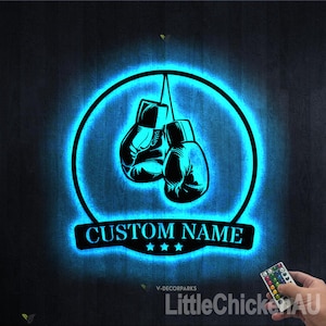 Personalized US Boxing Gloves Metal Wall Art with LED Lights, Custom American Boxer Name Sign Home Decoration, Ideal for Home Decor & Gift