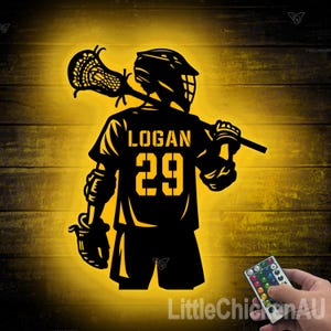 Personalized  Lacrosse Player Metal Wall Art LED Lights, Custom Lacrosse Goalie Name Sign Home Decor, Lacrosse Stick Kid Nursery Decoration