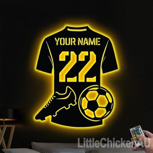 Personalized Soccer Metal Wall Art LED Light Custom Football Player Name Sign Home Decor Kid Nursery Decoration Christmas Birthday Xmas Gift