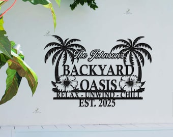 Letrero de metal personalizado para oasis en el patio trasero, decoración exterior personalizada, arte de pared exterior con nombre de familia para patio y piscina, letrero de palmera junto a la piscina, letrero de playa