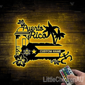 Letrero metálico personalizado de Puerto Rico con luz LED, decoración metálica con el nombre "Nacido en Puerto Rico", letrero personalizado con el nombre de un amante de Puerto Rico, arte mural con la bandera de Puerto Rico