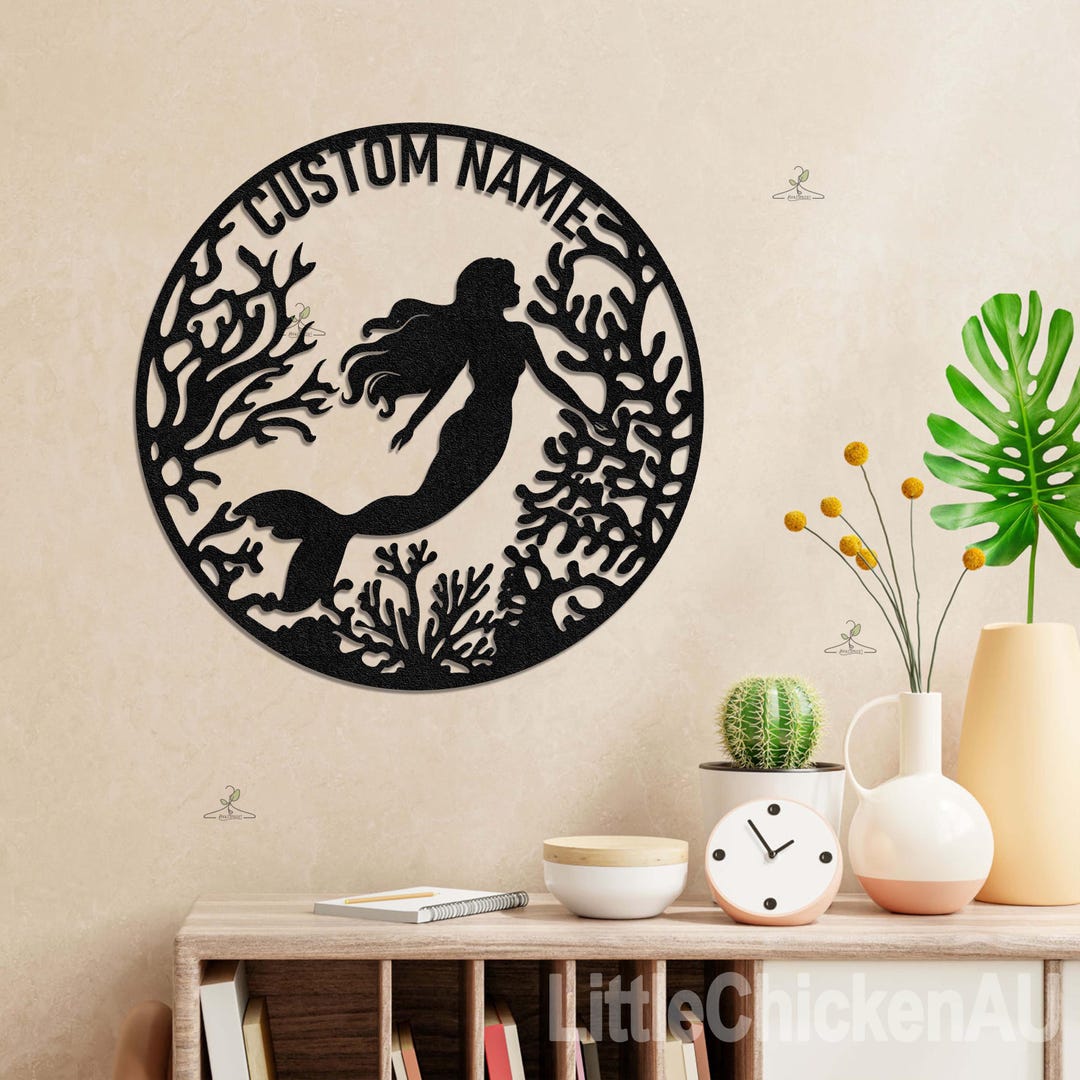 Personalized Mermaid Sign With Coral Reef | Metal Ocean Wall Art ...