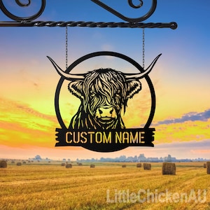 Personalized Monogram Highland Cow sign Metal Sign Wall art, Wedding Gift, Family Name Sign, Outdoor Name Sign, Last Name Sign, Front Door