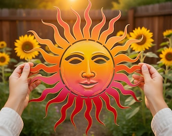 Sun Metal Wall Art, Outdoor Garden Decor, Sun Face Wall Hanging, Large Celestial Patio Art