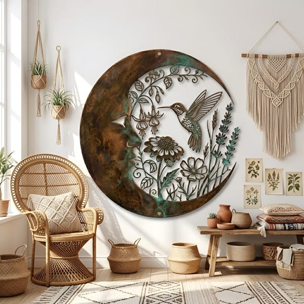 Metal Wall Art kolibrie en maan, hemelse tuindecor, bloemen muur hangen, kolibrie muursculptuur, decor natuur, muurkunst