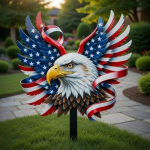 Puede incluir: Una estaca de jardín patriótica con un águila calva detallada con alas adornadas con el diseño de la bandera estadounidense. La cabeza del águila es blanca con un pico amarillo, y las alas muestran los colores rojo, blanco y azul. Una cinta roja y blanca rodea el águila.