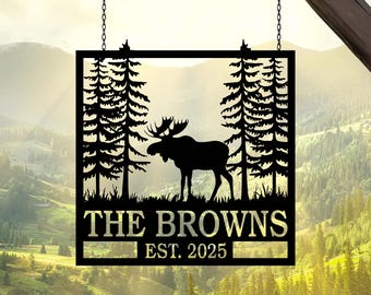 Personalized Moose Decor Sign, Custom Family Name Sign for Cabin, Lake House Sign, Mountain Decor, Forest Sign , Hunter Gift , Hunting Gift