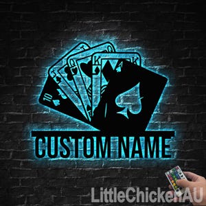 Letrero metálico de póker personalizado con luces LED, decoración metálica de póker de casino, letrero con nombre de jugador personalizado, letrero metálico de naipes, decoración de salón de póker