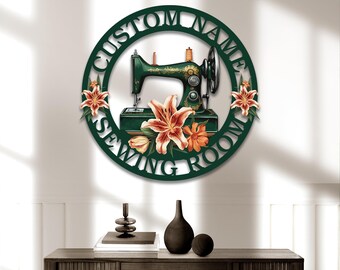 Letrero metálico con nombre personalizado para sala de costura con diseño floral, diseño de costura con flores, letrero para sala de manualidades, decoración para sala de costura, regalo para el Día de la Madre