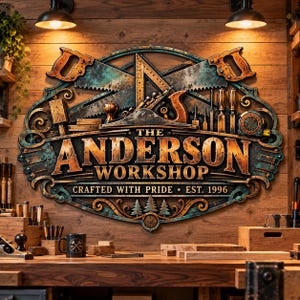 May include: A decorative wooden wall sign featuring the text THE ANDERSON WORKSHOP CRAFTED WITH PRIDE EST. 1996. The design includes illustrations of hand saws, a square, chisels, and a plane, with a weathered teal and brown finish.