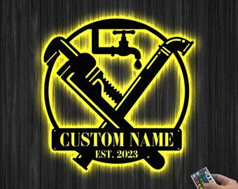 Custom Plumbing Metal Wall Art LED Light Personalized Plumber Name Sign Home Decor Repair Service Decor Repairman Birthday Christmas Gift
