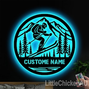 Custom Skiing Metal Sign with LED Light, Birthday Gift,Ski Home Decor,Snow Skiing Sign Custom Skiing Wall Decor, Skiing Metal Art,Skier Gift