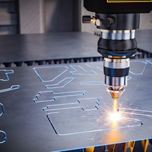 May include: A close-up of a laser cutter cutting a metal sheet. The laser beam is visible as a bright orange spark. The metal sheet has several cut-out shapes.