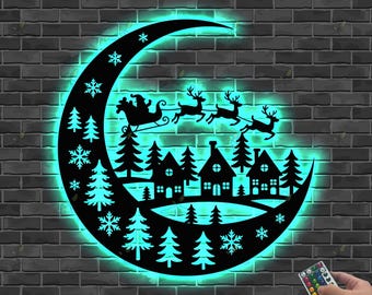 Weihnachten LED Metallschild, Santa Schlitten Mond Wandkunst, Urlaub Wohnkultur, Winter Dorf Szene beleuchtetes Schild, Weihnachtsgeschenk, Festliche Wanddekoration