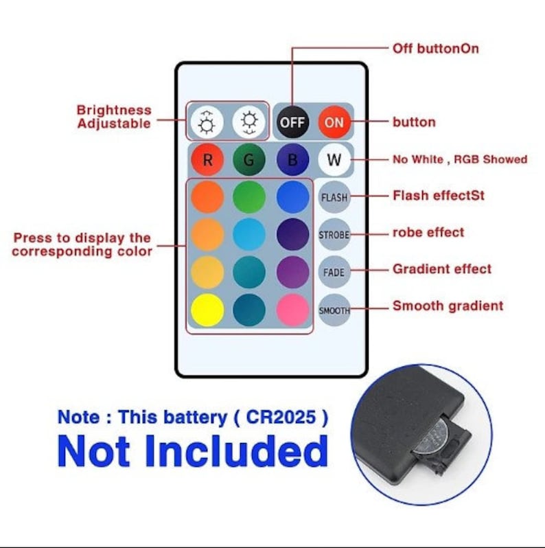May include: A white remote control with a variety of buttons and a color wheel. The remote control has buttons for "OFF", "ON", "FLASH", "STROBE", "FADE", and "SMOOTH". The color wheel has 16 different colors. The text "Note: This battery (CR2025) Not Included" is printed below the remote control.