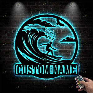 Custom Surfing Metal Sign: Personalized LED Wall Art
