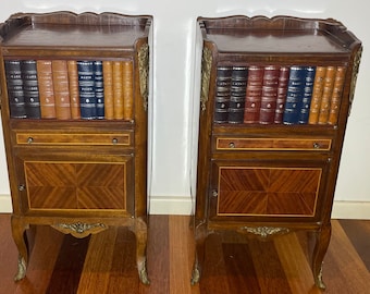 1950s Rare Antique French Style Inlaid Mahogany and Leather Faux Book Side Tables (Pair)