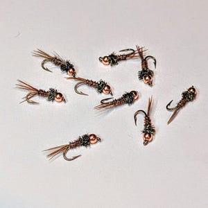 9 Bead Head Pheasant Tail Nymphs Size 14.  Copper Bead Copper Wire Hand Tied in the USA by a Registered NYS Fly Fishing Guide