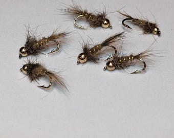6 Bead Head Hares Ear Nymphs Size 16.  Premium Hooks and Materials Hand Ties in the US