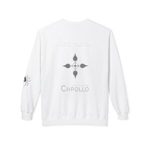 May include: White long-sleeve sweatshirt with a gray four-pointed star design and the text "CHROLLO" in gray. The text "I want to die in flower of death, dying with men, the human menace." is printed in small gray text on the back.