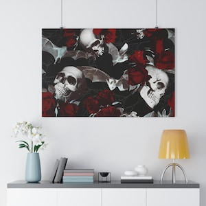 Gothic Skull Floral Paper Poster | Dark Wall Art, Home Decor, Halloween Decoration, Gothic Aesthetic, Skull Decor