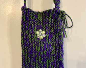 Handknit Forest Green and Amethyst Purple Flower Tote Bag with Adjustable Silver Buckle Strap Made in the USA