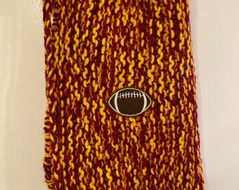 Burgundy and Gold Handknit Football Tote Bag with Adjustable Strap